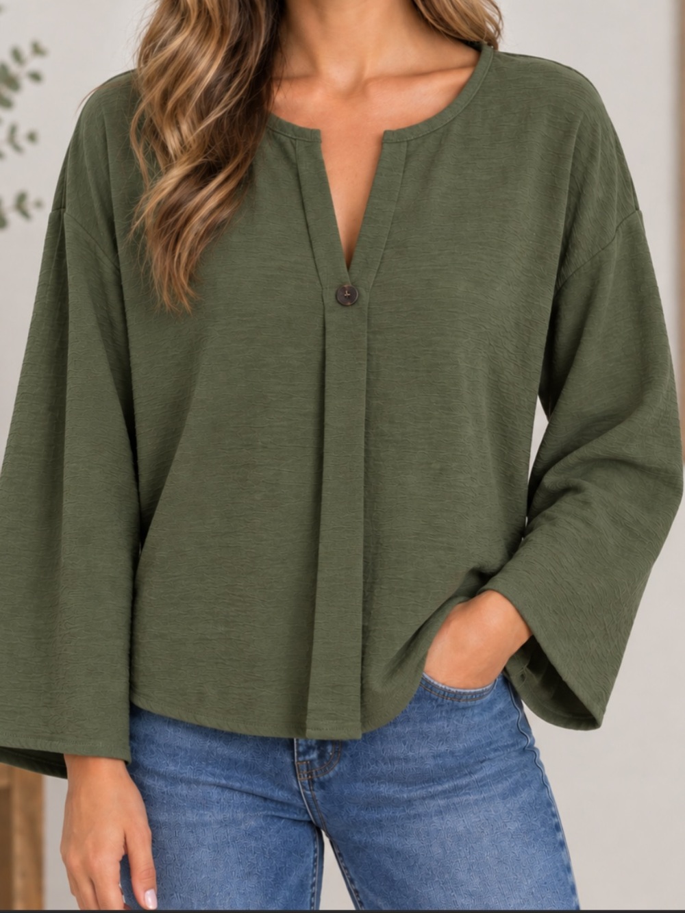 Relaxed V-Neck Button Detail Women's Green Top - NWOT- Size XXL